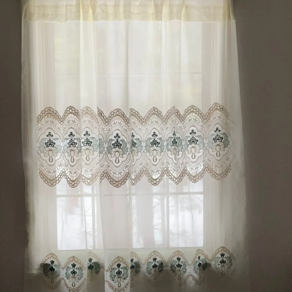 Vintage Elegant Cream and Green Lace Embroidered Curtain